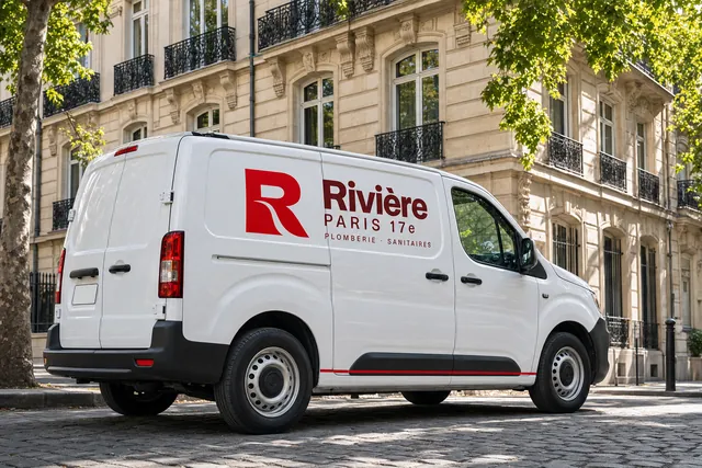 Utilitaire Rivière Paris 17e — Plomberie · Sanitaires, devant un immeuble haussmannien du 17e
